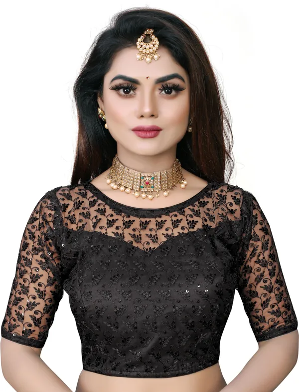 Black_Net_Embroidered_Round_Neck_Padded_Blouse_For_Women