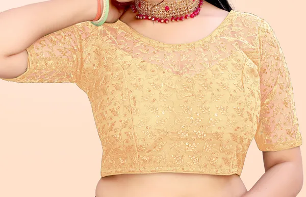 Beige_Net_Self_Design_Round_Neck_Padded_Blouse_For_Women
