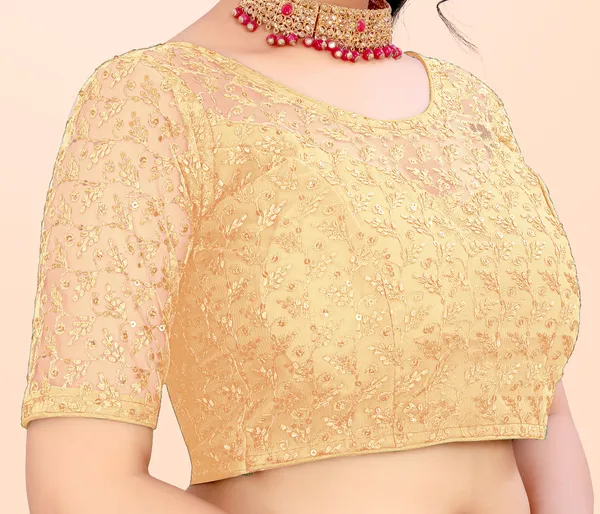 Beige_Net_Self_Design_Round_Neck_Padded_Blouse_For_Women