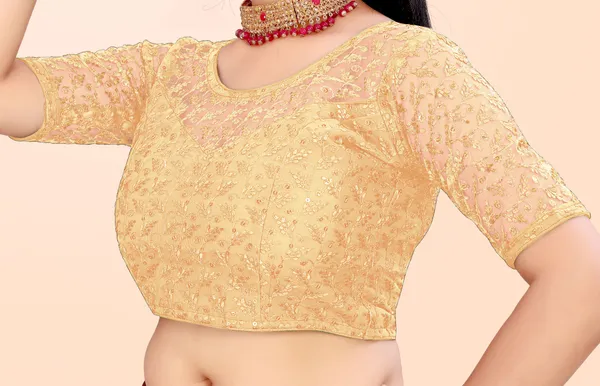 Beige_Net_Self_Design_Round_Neck_Padded_Blouse_For_Women