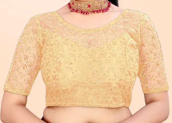 Beige_Net_Self_Design_Round_Neck_Padded_Blouse_For_Women