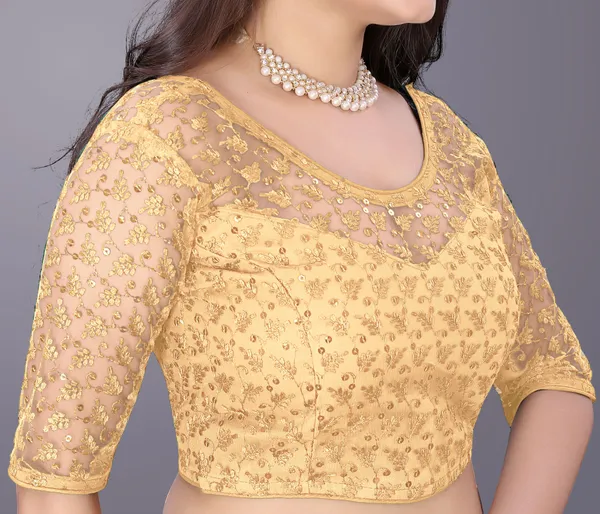 Beige_Net_Self_Design_Round_Neck_Padded_Blouse_For_Women