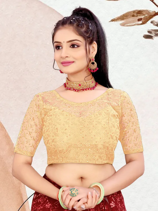 Beige_Net_Embellished_Round_Neck_Padded_Blouse_For_Women