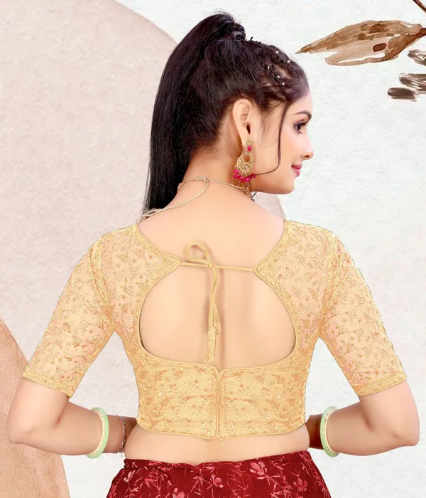 Beige_Net_Embellished_Round_Neck_Padded_Blouse_For_Women
