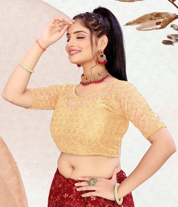 Beige_Net_Embellished_Round_Neck_Padded_Blouse_For_Women