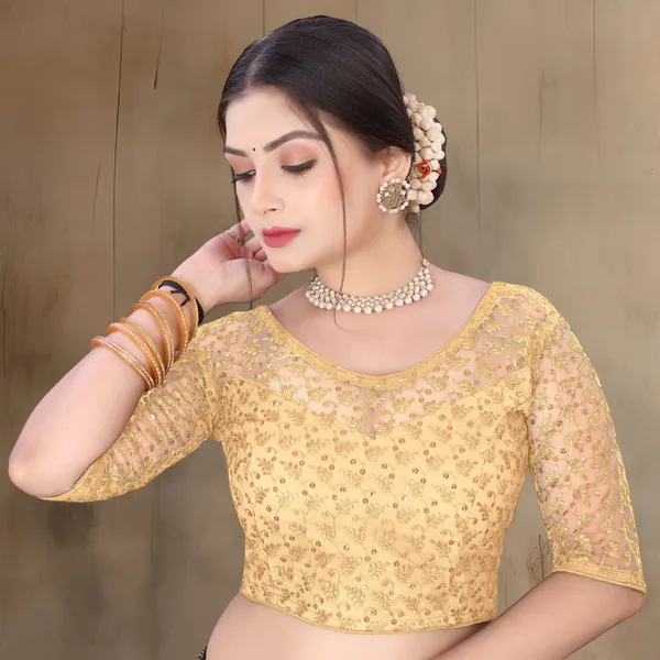 Beige_Net_Embellished_Round_Neck_Padded_Blouse_For_Women