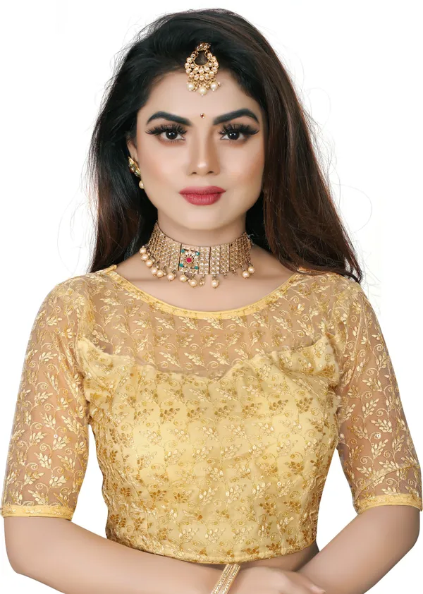 Golden_Net_Embroidered_Round_Neck_Padded_Blouse_For_Women