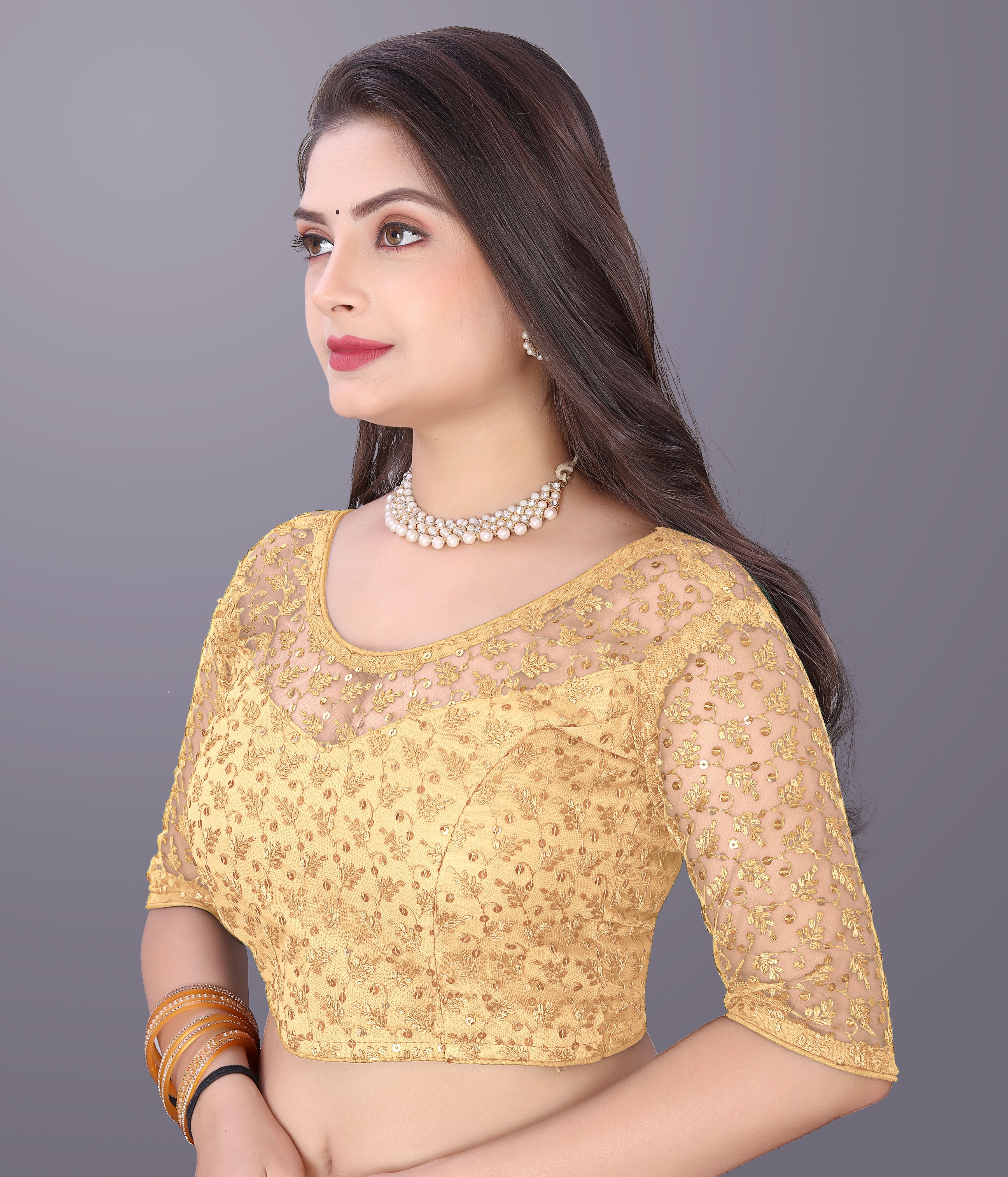 Beige_Net_Embriodered_Round_Neck_Padded_Blouse_For_Women