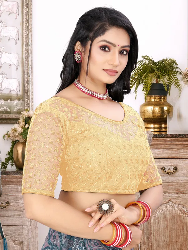 Beige_Net_Embriodered_Round_Neck_Padded_Blouse_For_Women