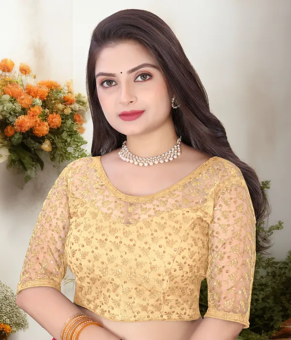 Beige_Net_Self_Design_Round_Neck_Padded_Blouse_For_Women
