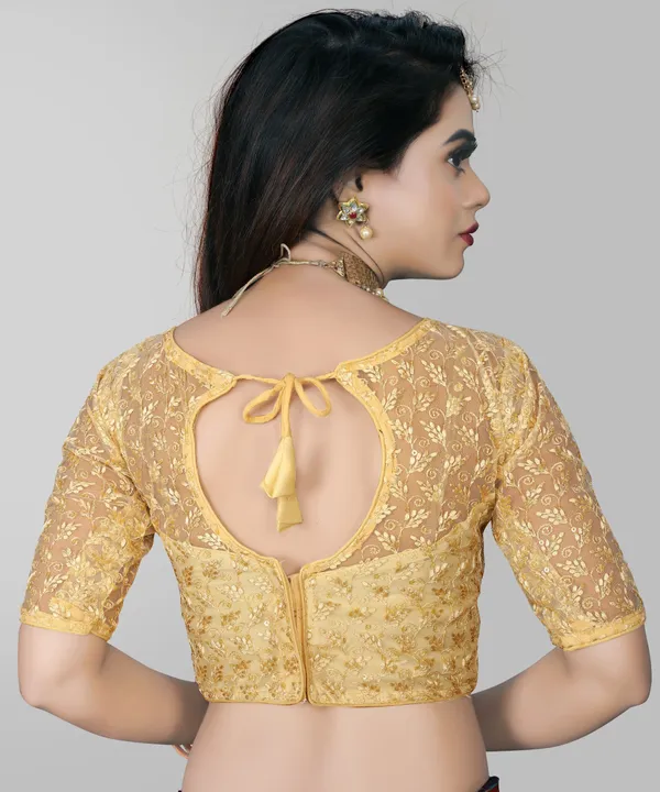 Beige_Net_Embriodered_Round_Neck_Padded_Blouse_For_Women
