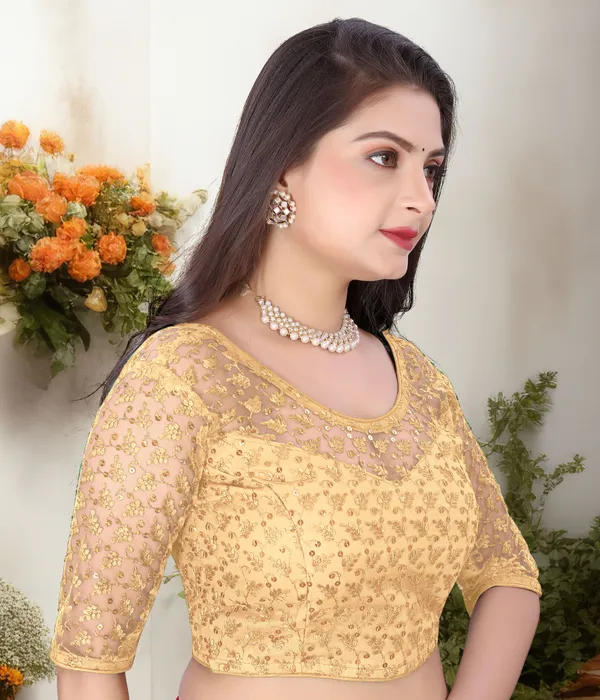 Beige_Net_Self_Design_Round_Neck_Padded_Blouse_For_Women