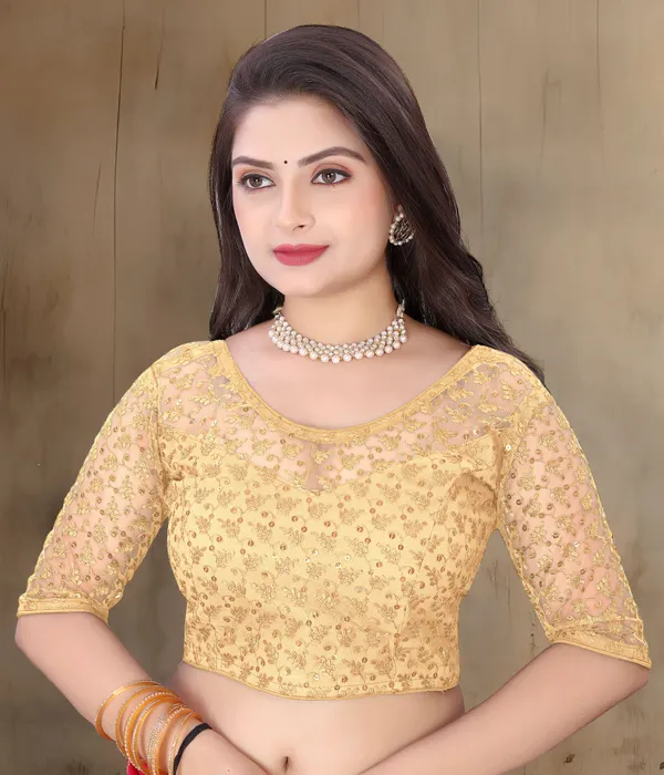 Beige_Net_Self_Design_Round_Neck_Padded_Blouse_For_Women