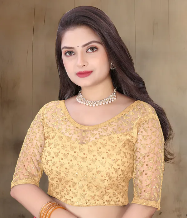 Beige_Net_Self_Design_Round_Neck_Padded_Blouse_For_Women