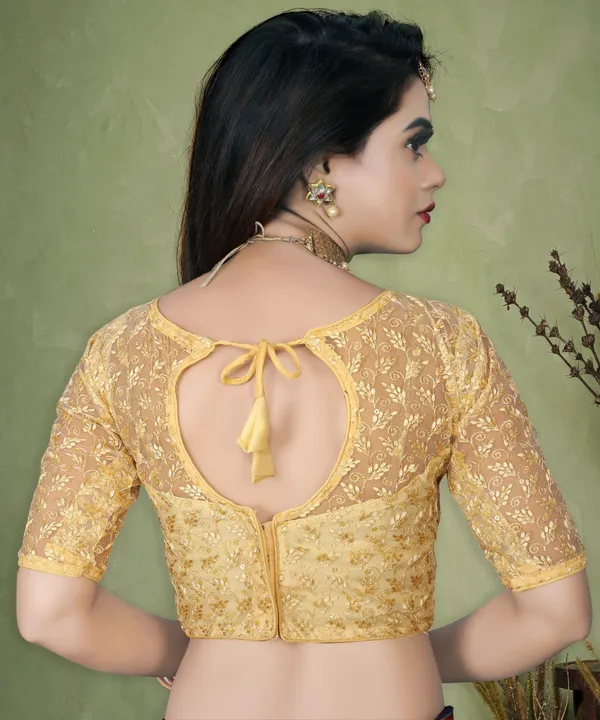 Beige_Net_Embriodered_Round_Neck_Padded_Blouse_For_Women