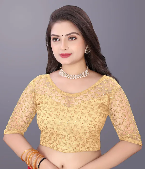 Beige_Net_Embriodered_Round_Neck_Padded_Blouse_For_Women