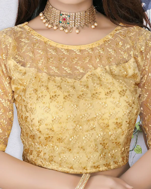 Beige_Net_Self_Design_Round_Neck_Padded_Blouse_For_Women