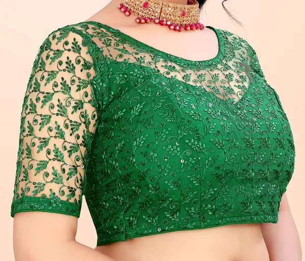 Green_Net_Self_Design_Round_Neck_Padded_Blouse_For_Women