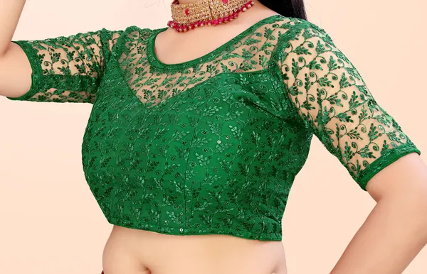 Green_Net_Self_Design_Round_Neck_Padded_Blouse_For_Women
