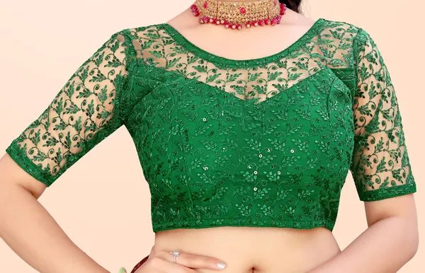 Green_Net_Self_Design_Round_Neck_Padded_Blouse_For_Women