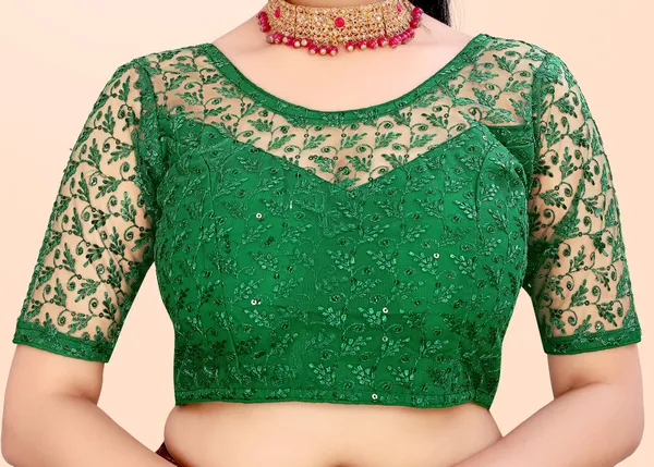 Green_Net_Self_Design_Round_Neck_Padded_Blouse_For_Women