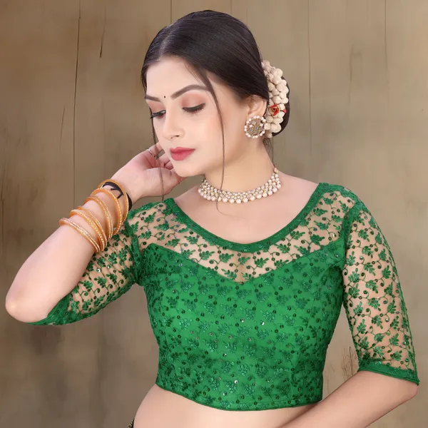 Green_Net_Embellished_Round_Neck_Padded_Blouse_For_Women
