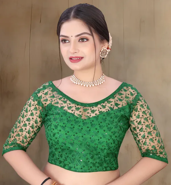 Green_Net_Embellished_Round_Neck_Padded_Blouse_For_Women