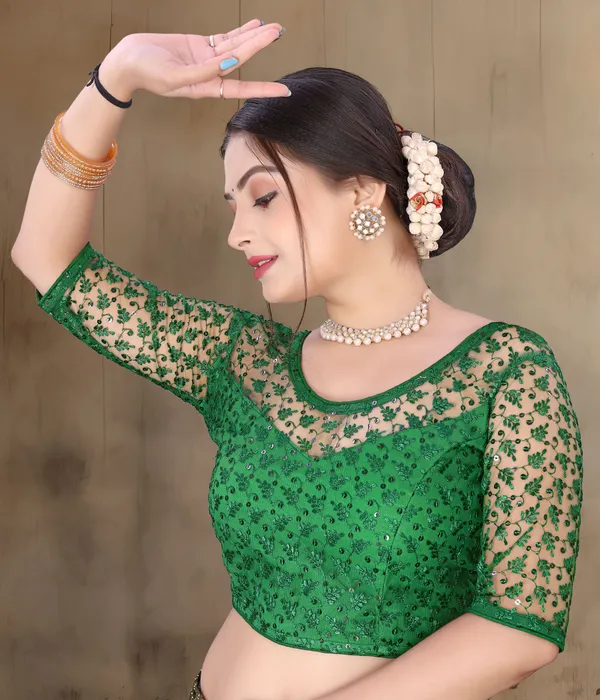 Green_Net_Embellished_Round_Neck_Padded_Blouse_For_Women