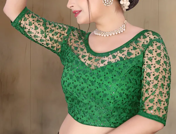 Green_Net_Embellished_Round_Neck_Padded_Blouse_For_Women