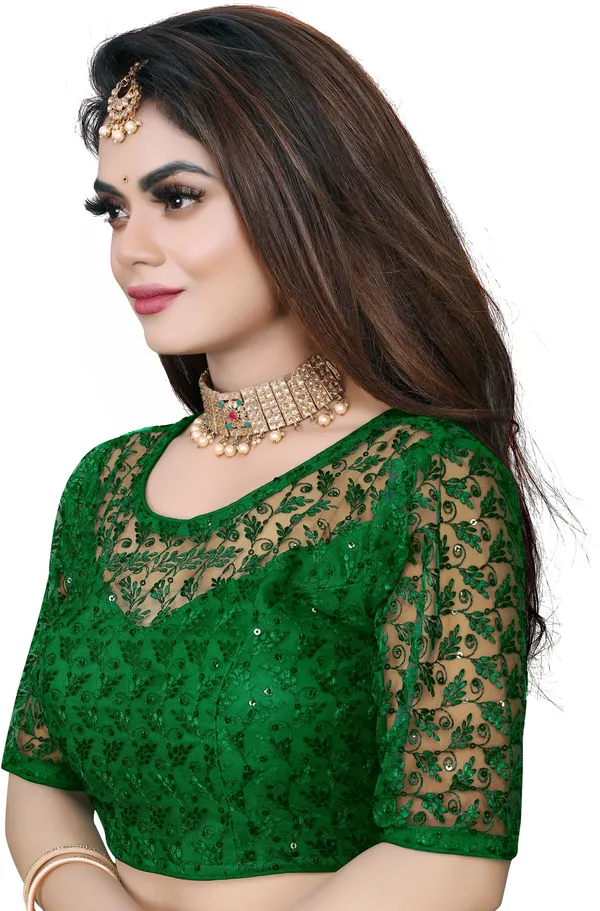 Green_Net_Embriodered_Round_Neck_Padded_Blouse_For_Women