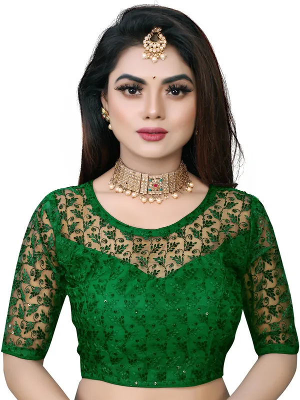 Green_Net_Embriodered_Round_Neck_Padded_Blouse_For_Women