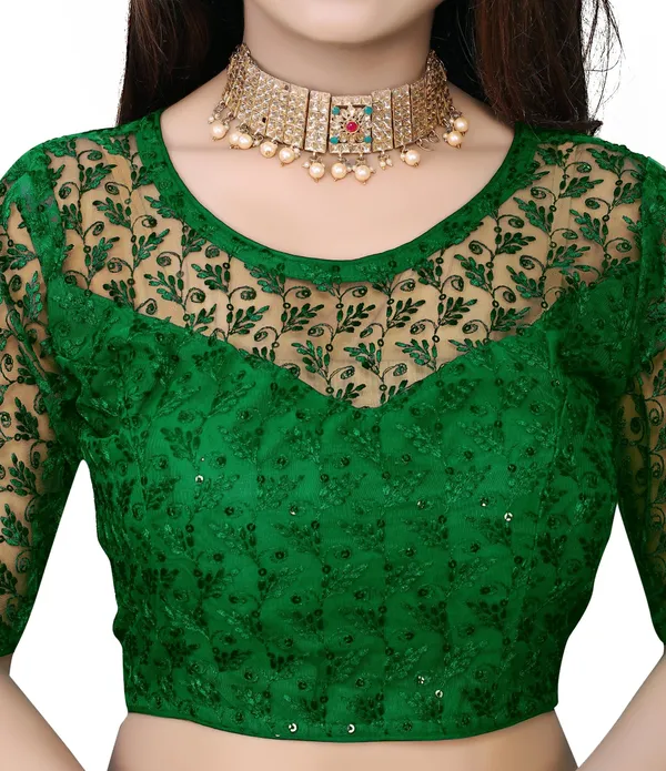 Green_Net_Embriodered_Round_Neck_Padded_Blouse_For_Women