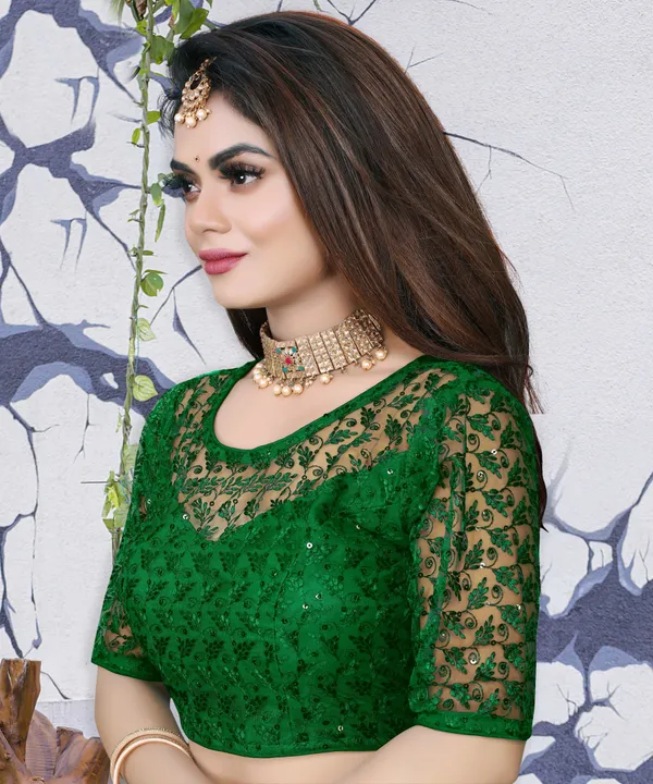 Green_Net_Self_Design_Round_Neck_Blouse_For_Women