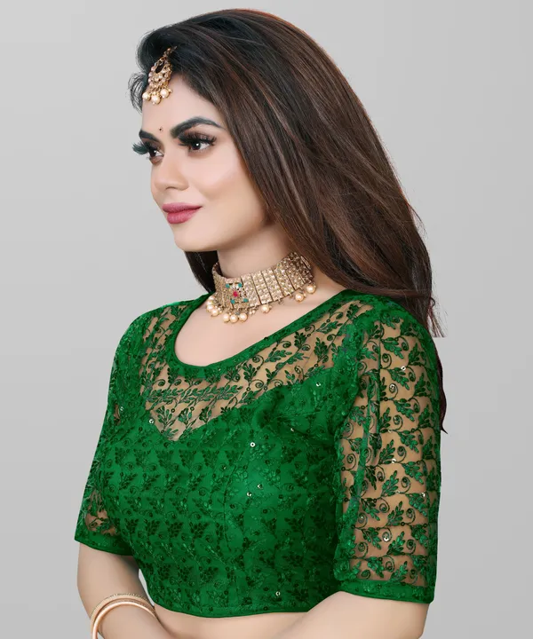 Green_Net_Embriodered_Round_Neck_Padded_Blouse_For_Women