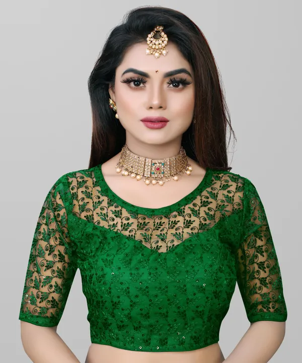 Green_Net_Embriodered_Round_Neck_Padded_Blouse_For_Women