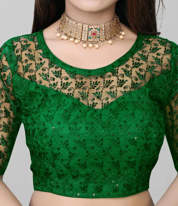 Green_Net_Embriodered_Round_Neck_Padded_Blouse_For_Women