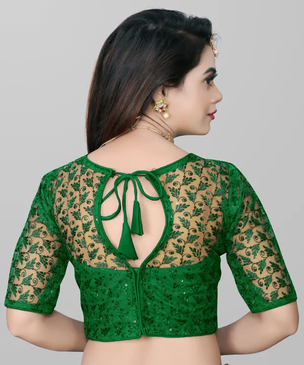 Green_Net_Embriodered_Round_Neck_Padded_Blouse_For_Women