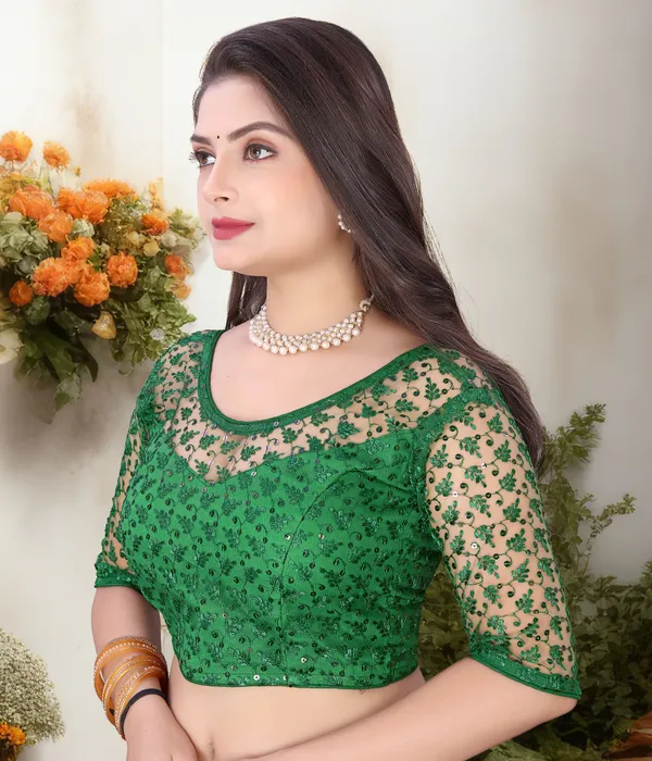 Green_Net_Embriodered_U-Neck_Padded_Blouse_For_Women