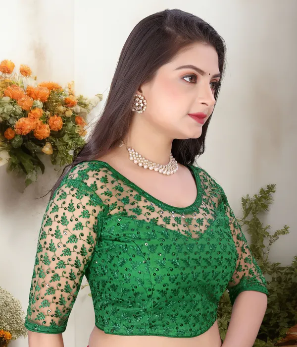Green_Net_Embriodered_U-Neck_Padded_Blouse_For_Women