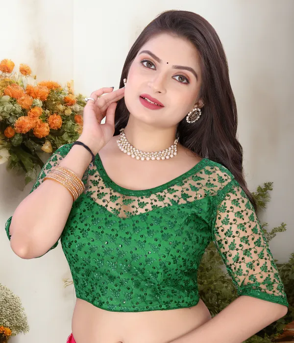 Green_Net_Embriodered_U-Neck_Padded_Blouse_For_Women