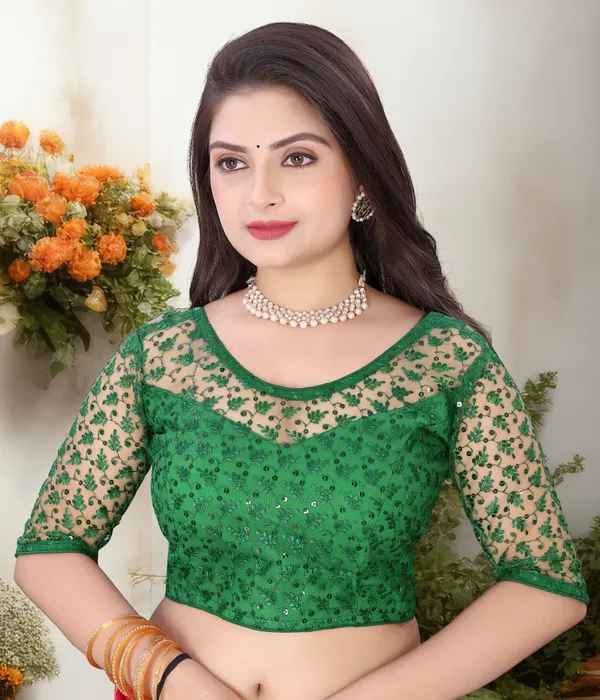 Green_Net_Embriodered_U-Neck_Padded_Blouse_For_Women