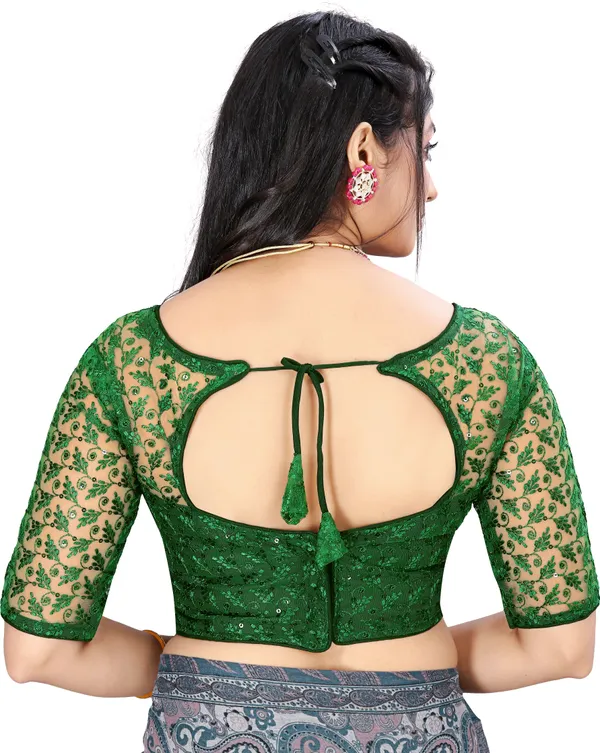 Green_Net_Embriodered_Round_Neck_Padded_Blouse_For_Women