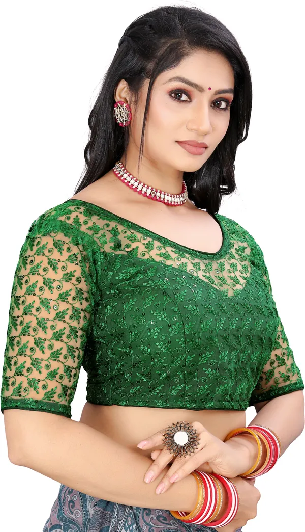 Green_Net_Embriodered_Round_Neck_Padded_Blouse_For_Women