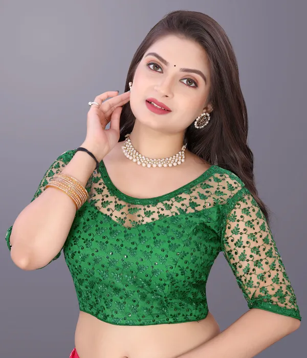 Green_Net_Embriodered_Round_Neck_Padded_Blouse_For_Women
