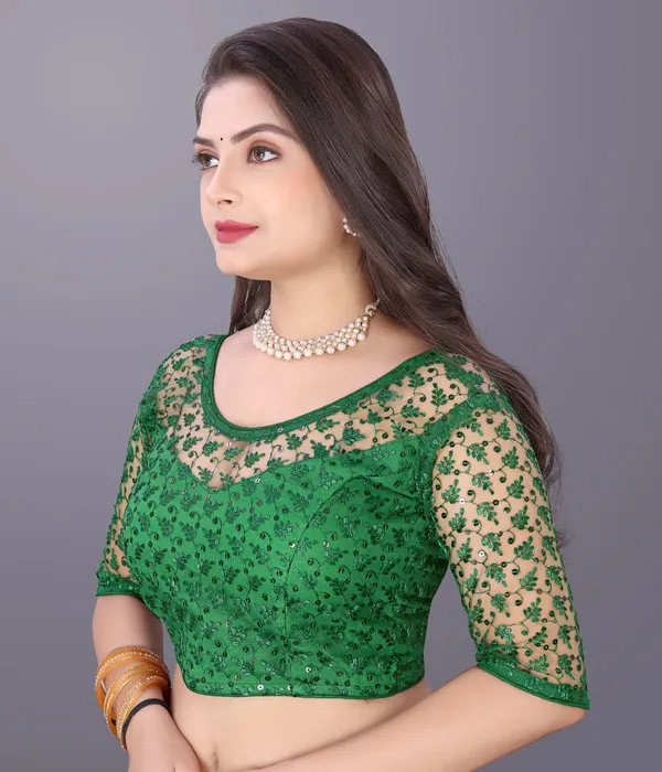 Green_Net_Embriodered_Round_Neck_Padded_Blouse_For_Women