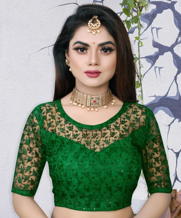 Green_Net_Embriodered_Round_Neck_Padded_Blouse_For_Women