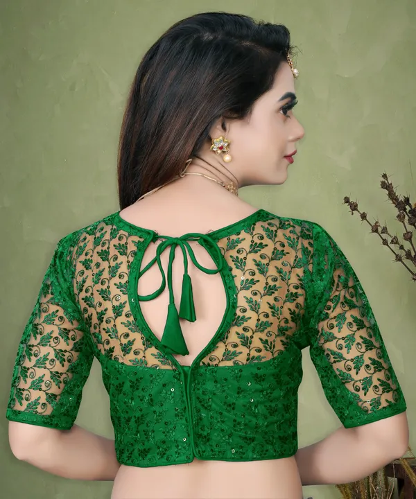 Green_Net_Embriodered_Round_Neck_Padded_Blouse_For_Women