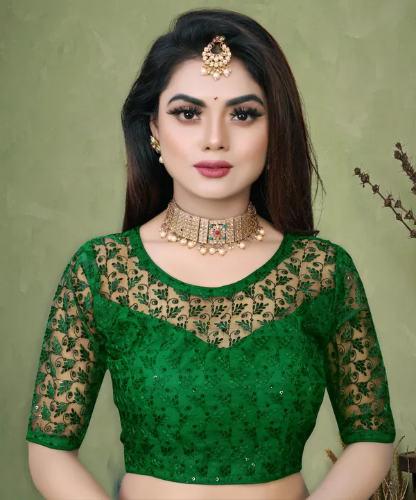 Green_Net_Embriodered_Round_Neck_Padded_Blouse_For_Women