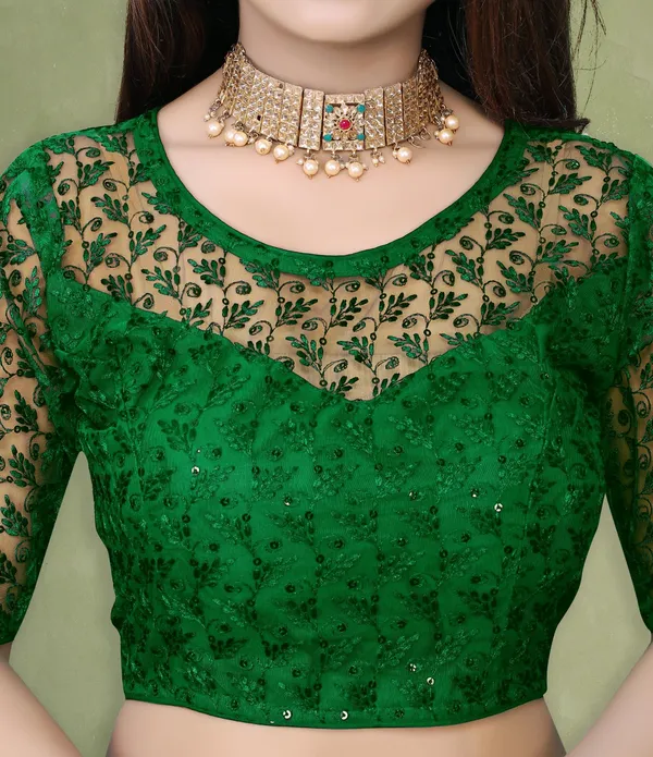 Green_Net_Embriodered_Round_Neck_Padded_Blouse_For_Women