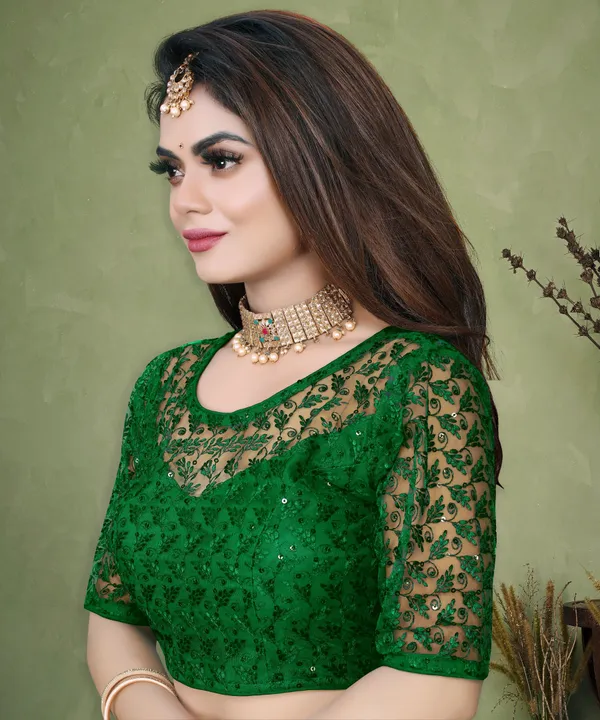 Green_Net_Embriodered_Round_Neck_Padded_Blouse_For_Women